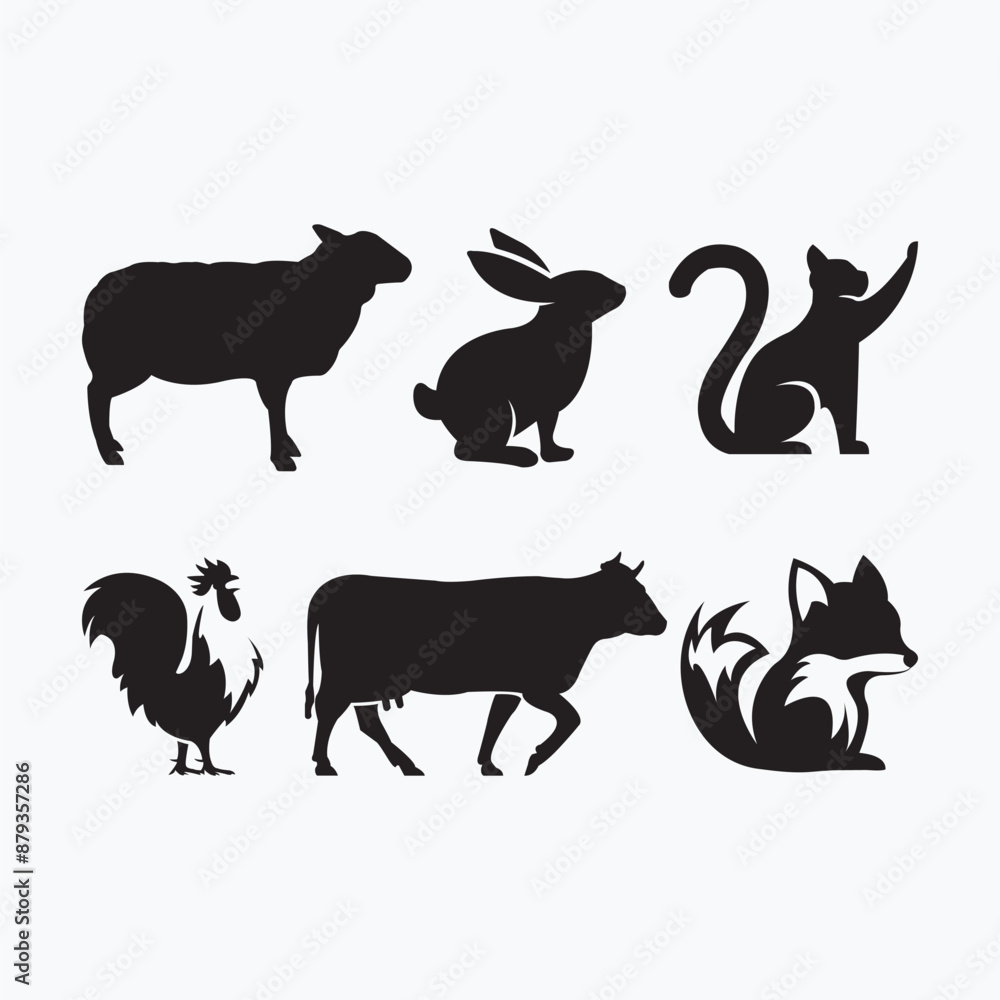 Fototapeta premium Animals vector premium icons set, modern solid symbol collection. Signs, logo illustration. Set includes icons as cat, rabbit, cow, sheep, fox, and rooster.
