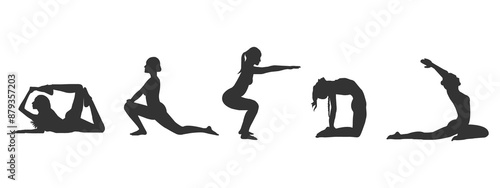Yoga day with different posing silhouette isolated on transparent background.