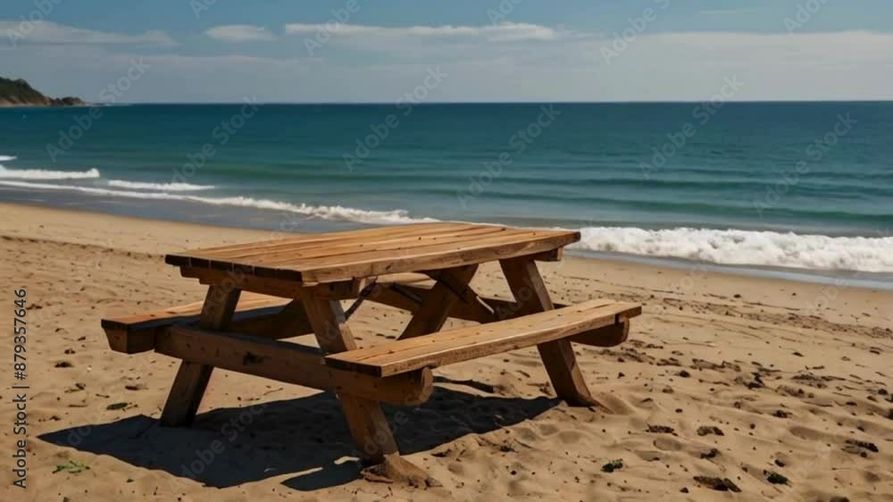 Wooden Picnic Table on a Sandy Beach with Ocean Waves in the Background Wooden Picnic Table on a Sandy Beach with Ocean Waves in the Background