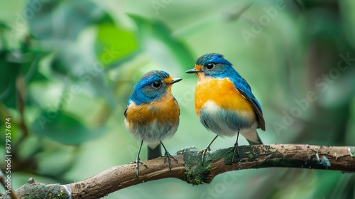 two small birds sitting on a branch of a tree together © progressman