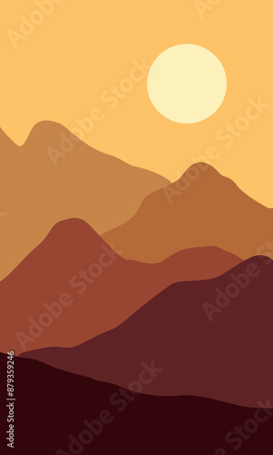 simple wallpaper vector of autumn mountain with sunrise and silhouette, poster illustration design