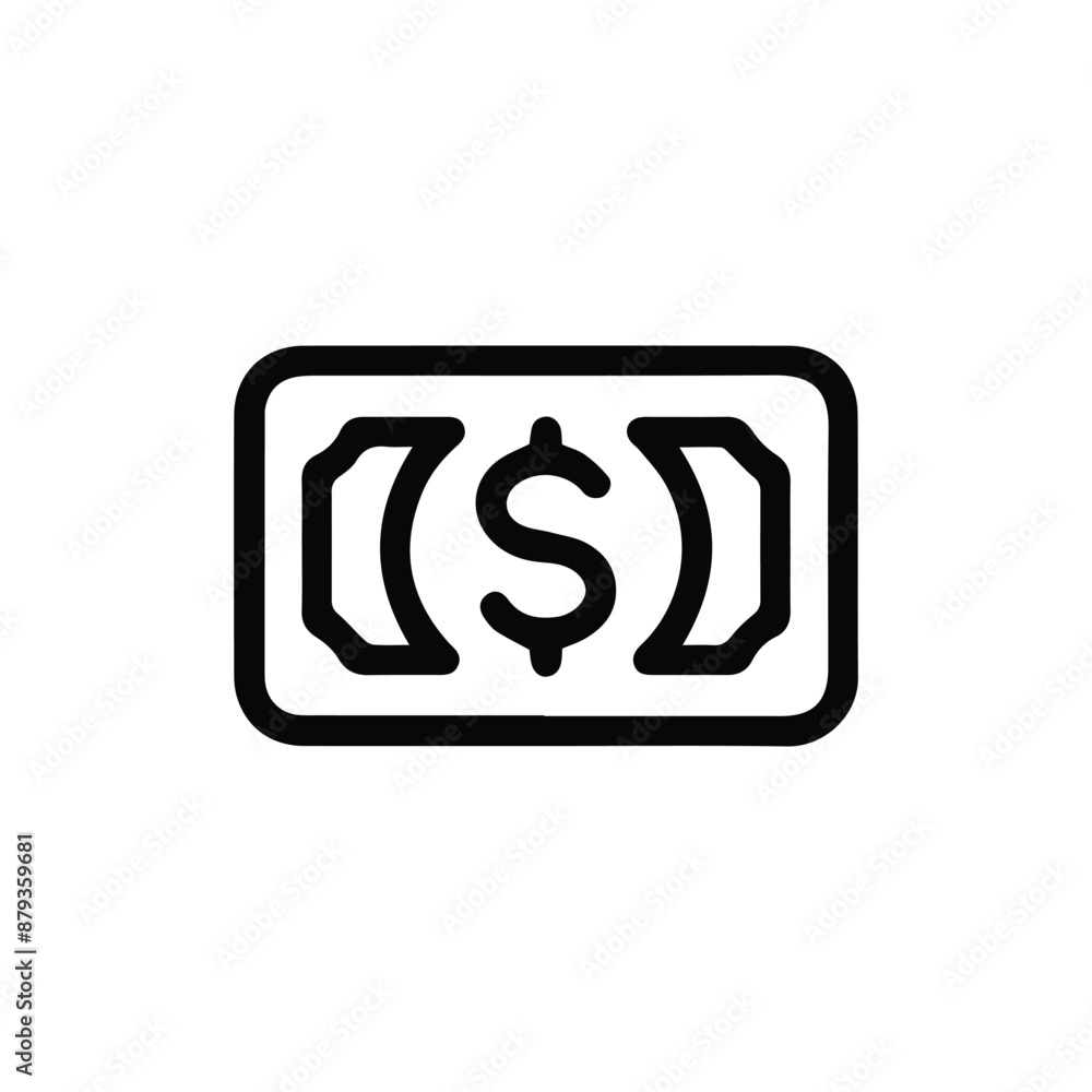 Simple black and white line drawing of a paper currency note with a dollar sign in the center Simple black and white line drawing of a paper currency note with a dollar sign in the center