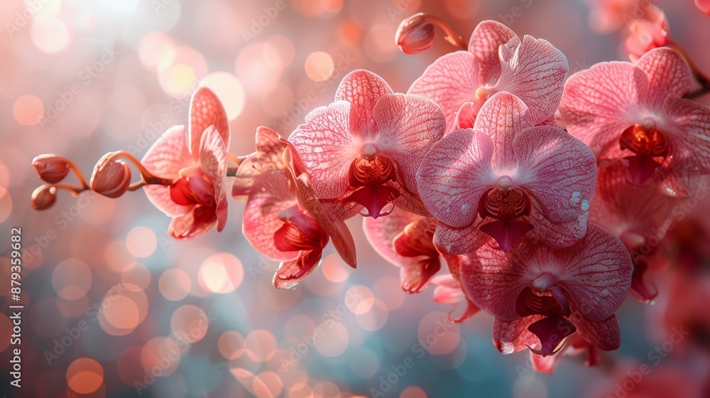 Stunning pink orchids in full bloom, bathed in soft light with dreamy bokeh background, capturing nature's beauty in a captivating image perfect for romantic settings or adding beauty to any design Stunning pink orchids in full bloom, bathed in soft light with dreamy bokeh background, capturing nature's beauty in a captivating image perfect for romantic settings or adding beauty to any design