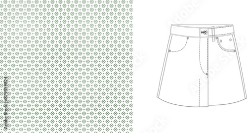 Patterned background and a white skirt outline with pockets and a belt loop on a white background