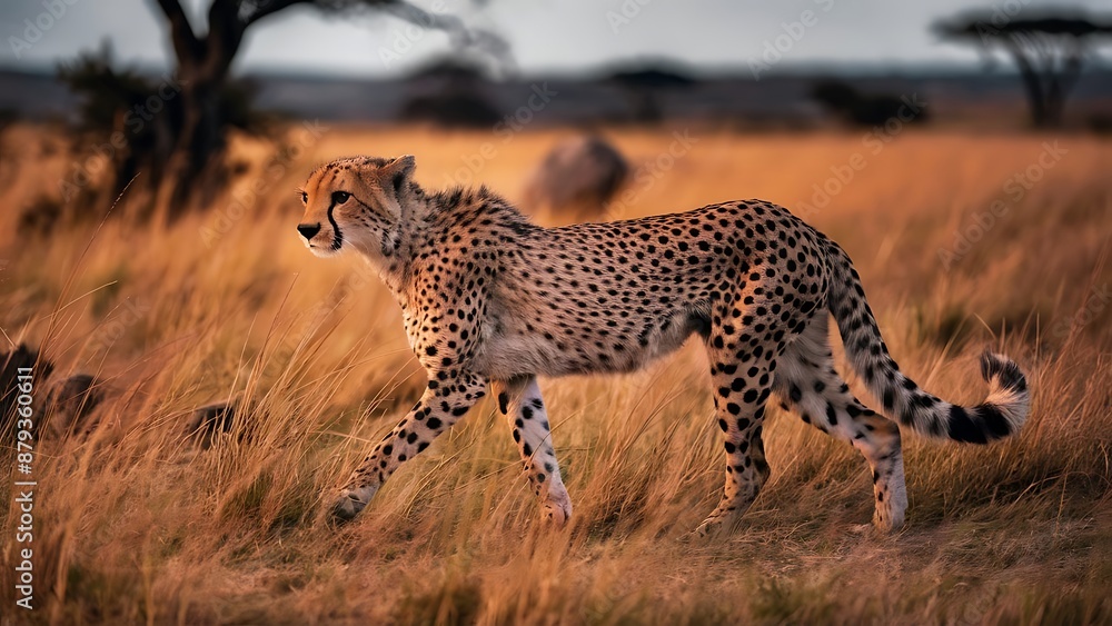 Fototapeta premium Alone Cheetah walking in the grass wallpaper