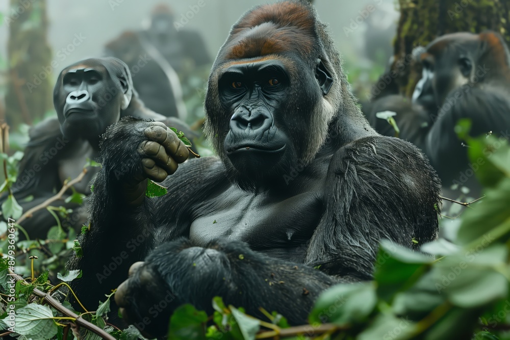 Gorilla in the Misty Mountains- A silverback gorilla sits peacefully in the misty mountains of central Africa Gorilla in the Misty Mountains- A silverback gorilla sits peacefully in the misty mountains of central Africa