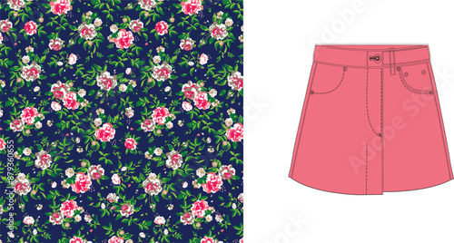 Floral pattern background next to a pink skirt with pockets on a white background design element