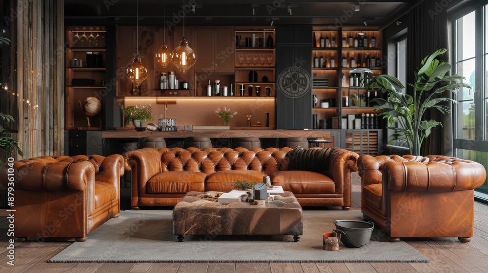 Living room interior in loft, industrial style Living room interior in loft, industrial style
