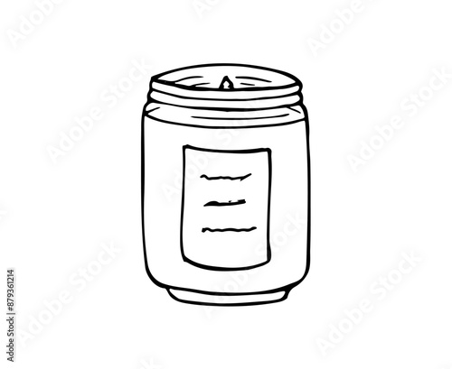 Hand-drawn candle in a jar. Handmade candle. Glass jar filled with wax. Isolated illustration on white