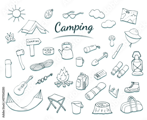 Camping set in doodle style. Hiking, trekking, travel, tourism concepts,  Hand drawn Vector illustration. Isolated design elements on white.