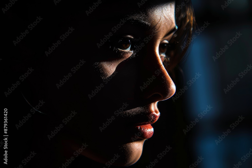 A woman's profile is captured in shadow, with only her eye, nose, and mouth illuminated by a thin beam of light. A woman's profile is captured in shadow, with only her eye, nose, and mouth illuminated by a thin beam of light.