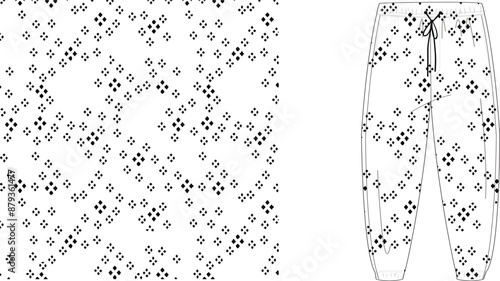 A pair of white sweatpants with a black floral pattern next to a repeating pattern of the same design