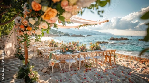 Elegant Beach Wedding Setup with White Chairs and Romantic Floral Decorations by the Ocean - Stunning Photography with Sony A7R IV Camera