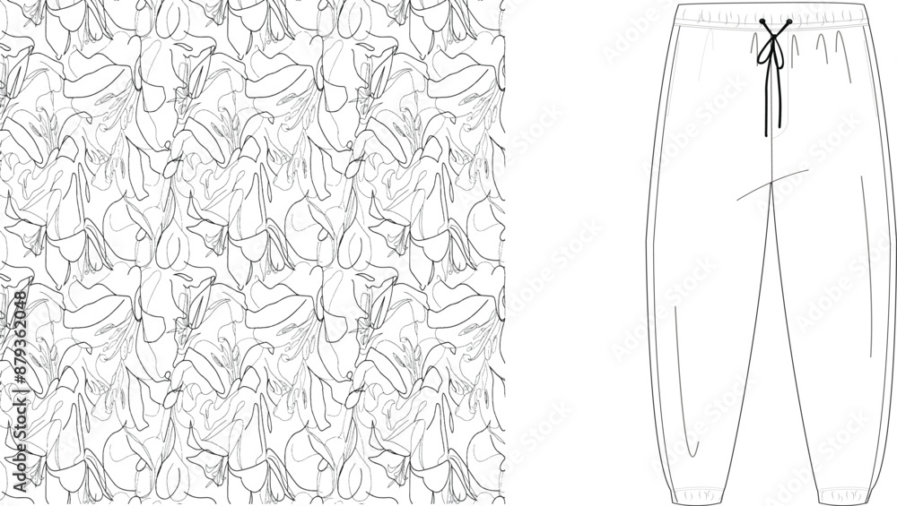 A sketch of patterned fabric and casual pants with a drawstring on a white background in a line drawing