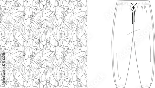 A sketch of patterned fabric and casual pants with a drawstring on a white background in a line drawing