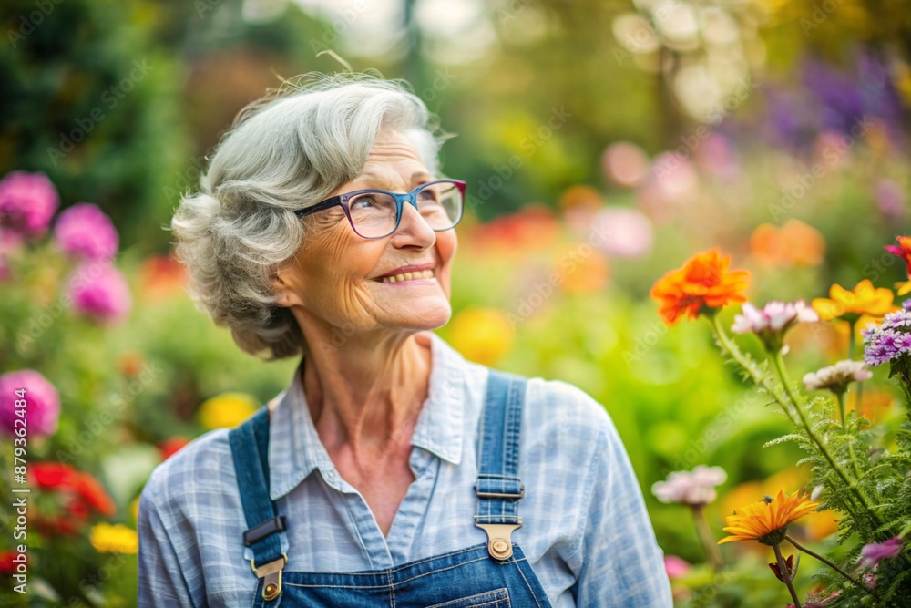 An elderly woman gardener with gray hair in overalls in a cozy flower greenhouse. The gardener takes care of the flowers. An elderly woman gardener with gray hair in overalls in a cozy flower greenhouse. The gardener takes care of the flowers.