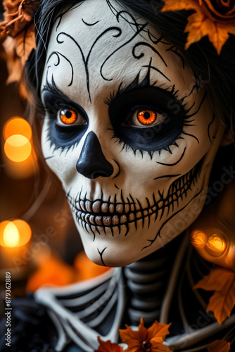 Woman with a skull face mask, adorned with orange leaves, set against a blurred background of lights.