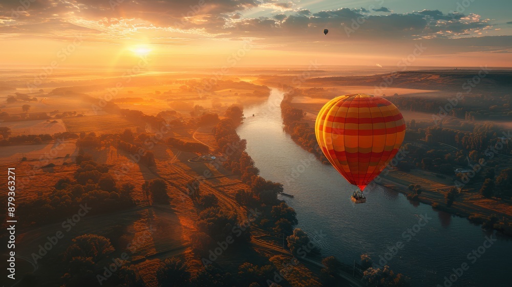 Obraz premium Aerial Romance: Couple in Hot Air Balloon Over Scenic Countryside on Sunny Day | Photography with Fujifilm GFX 100