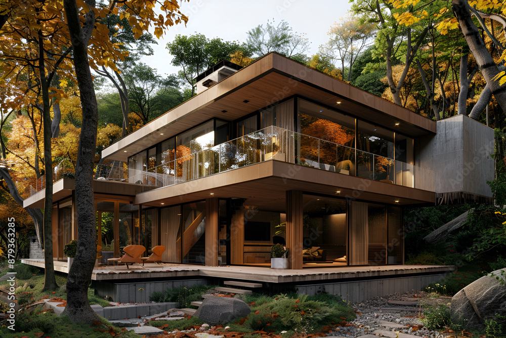 House in the forest. View from the top ,Modern house with pool in a natural environment ,Cozy house with two floors and a large terrace in a modern style with natural materials House in the forest. View from the top ,Modern house with pool in a natural environment ,Cozy house with two floors and a large terrace in a modern style with natural materials