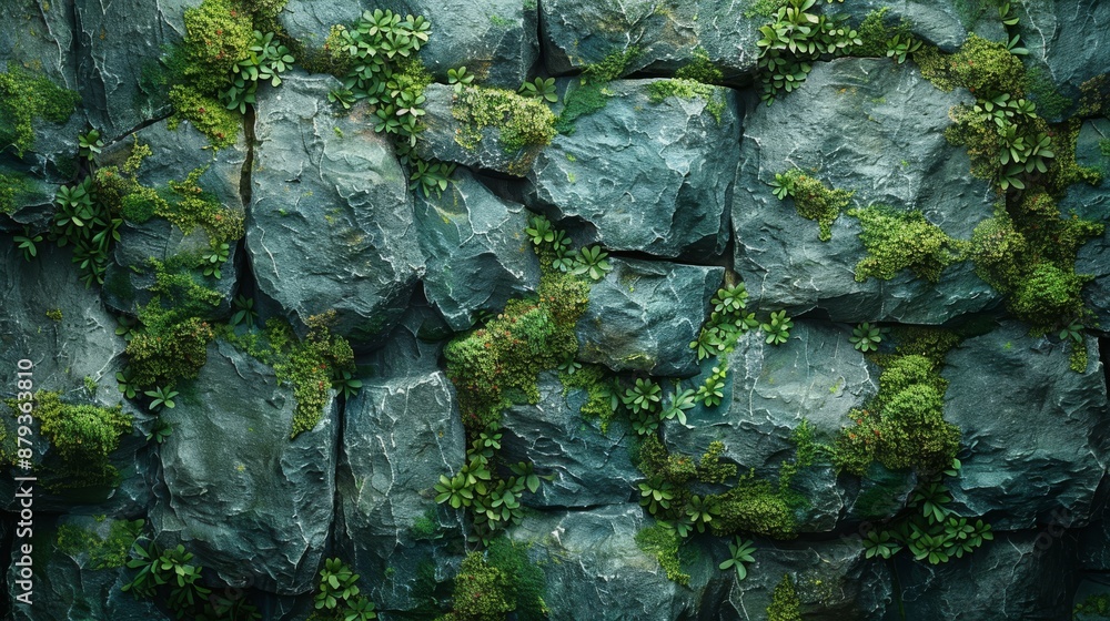 Green plants are growing on the texture of an old stone wall, creating a captivating blend of nature's resilience and the passage of time Green plants are growing on the texture of an old stone wall, creating a captivating blend of nature's resilience and the passage of time