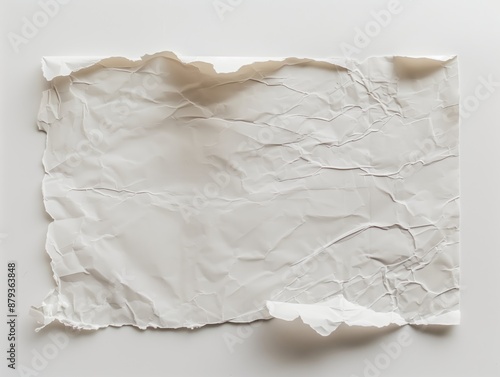 A single piece of white paper with torn edges on the left side is placed against an all-white background. The blank sheet is slightly off-center to create space for text or graphics