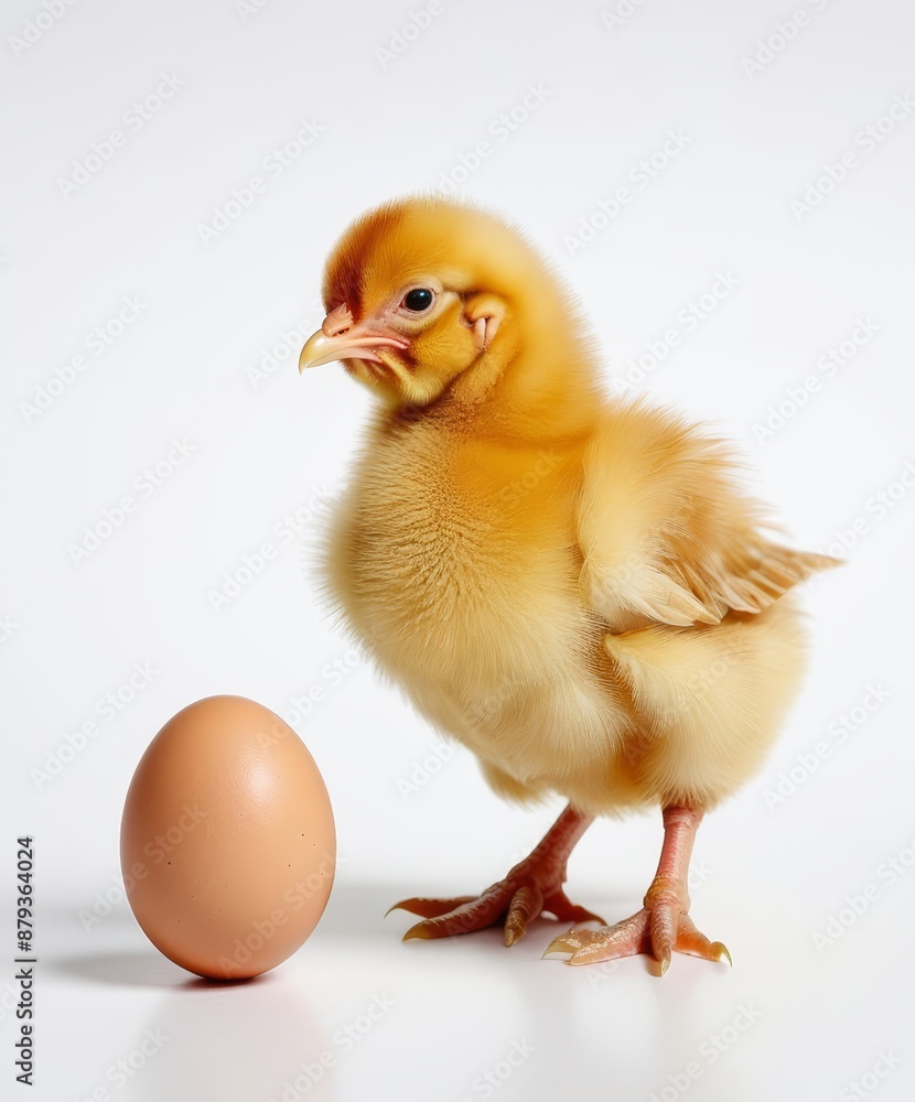 Fototapeta premium A Fluffy Chickling Stands Beside a Brown Egg