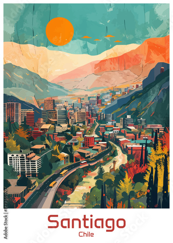 Santiago Chile Poster Illustration Travel Print Decor Gift Paper Canvas Wall Retro Art #879364027