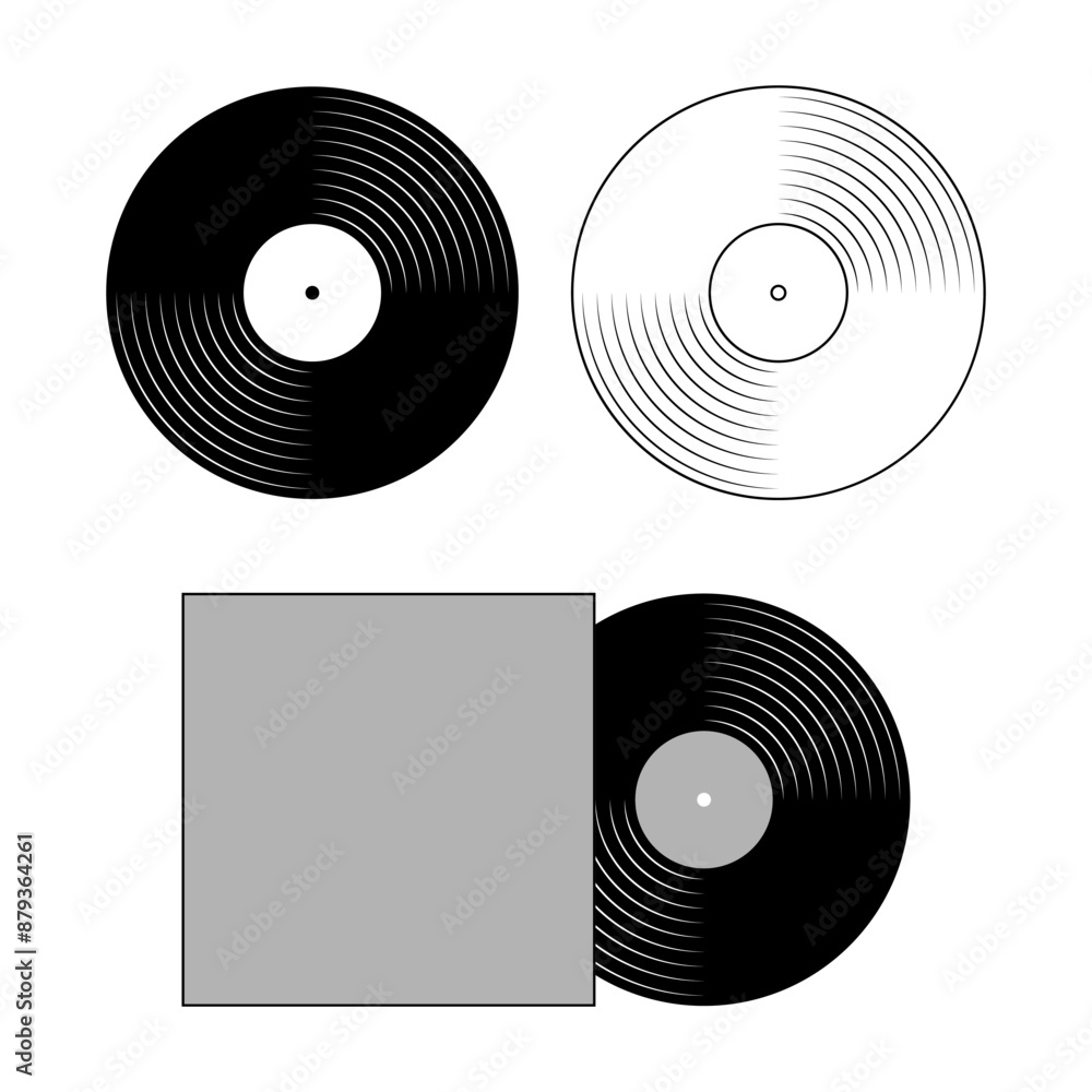 Vinyl music records graphic icon set. Vinyl plates signs isolated on white background. Vector illustration Vinyl music records graphic icon set. Vinyl plates signs isolated on white background. Vector illustration
