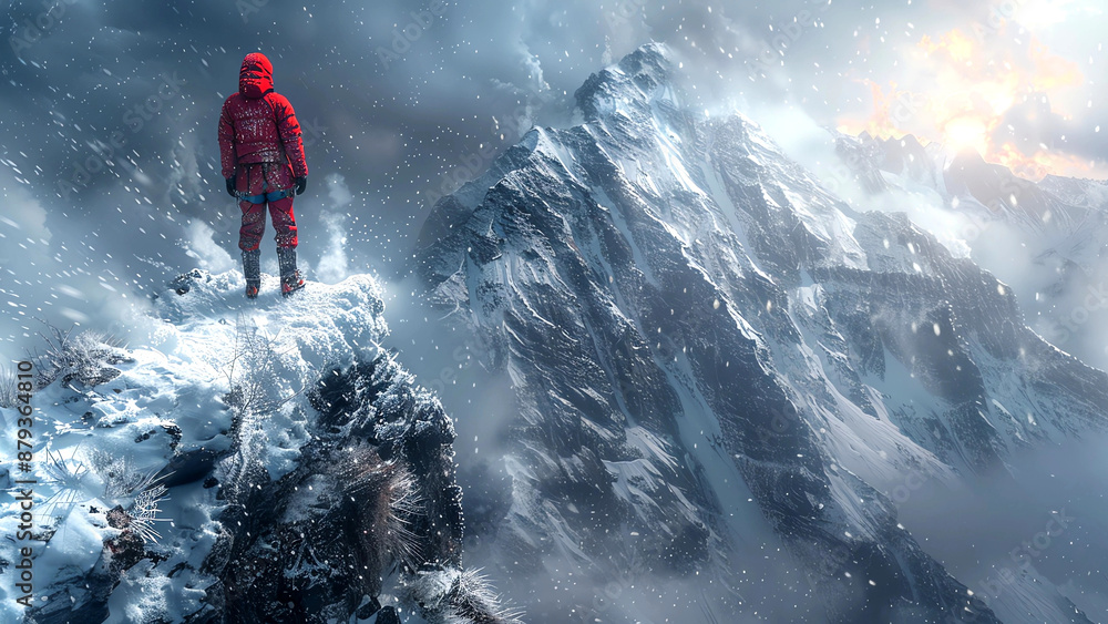 Obraz premium A Person Wearing a Red Snowsuit Standing on a Rock Ledge While Looking at a Snowy Mountain