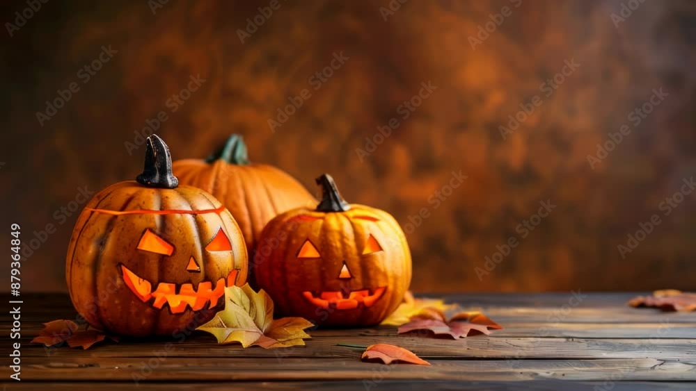 Halloween background, pumpkins with glowing eyes on abstract brown background, copy space, gloomy, atmospheric Halloween background, pumpkins with glowing eyes on abstract brown background, copy space, gloomy, atmospheric