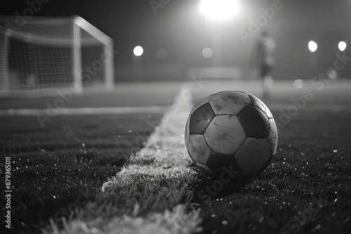 A black and white shot of a soccer ball resting on the field under stadium lights, with a player in the blurred background photo