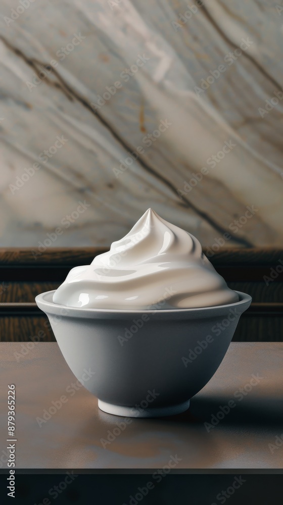 Freshly whipped cream in a white bowl on a brown table against a marble wall, creating a visually appealing still life image Freshly whipped cream in a white bowl on a brown table against a marble wall, creating a visually appealing still life image