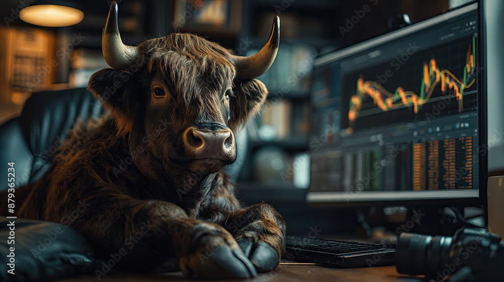 Bull on the table in front of a computer monitor with stock charts. Bull on the table in front of a computer monitor with stock charts.