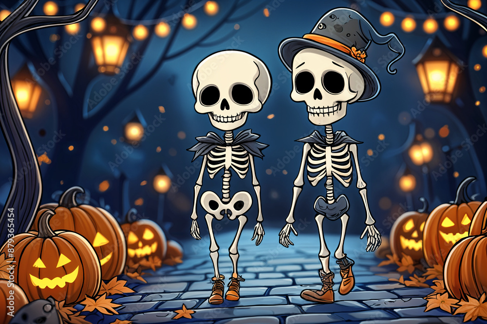 Digital illustration featuring two skeletons standing on a cobblestone pathway, surrounded by halloween-themed elements such as pumpkins and string lights. Digital illustration featuring two skeletons standing on a cobblestone pathway, surrounded by halloween-themed elements such as pumpkins and string lights.