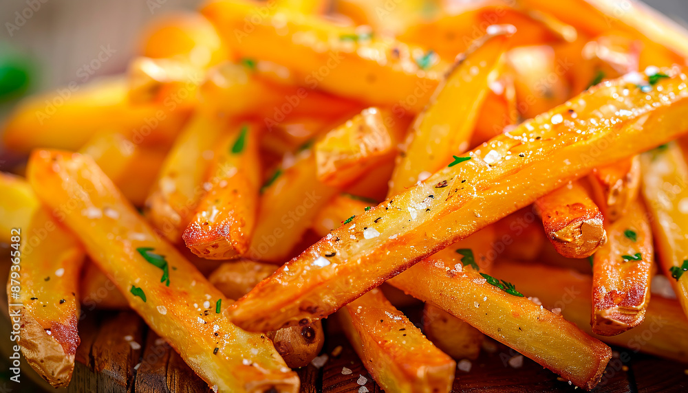 Close-Up of Gourmet French Fries with Salt and Herbs Close-Up of Gourmet French Fries with Salt and Herbs