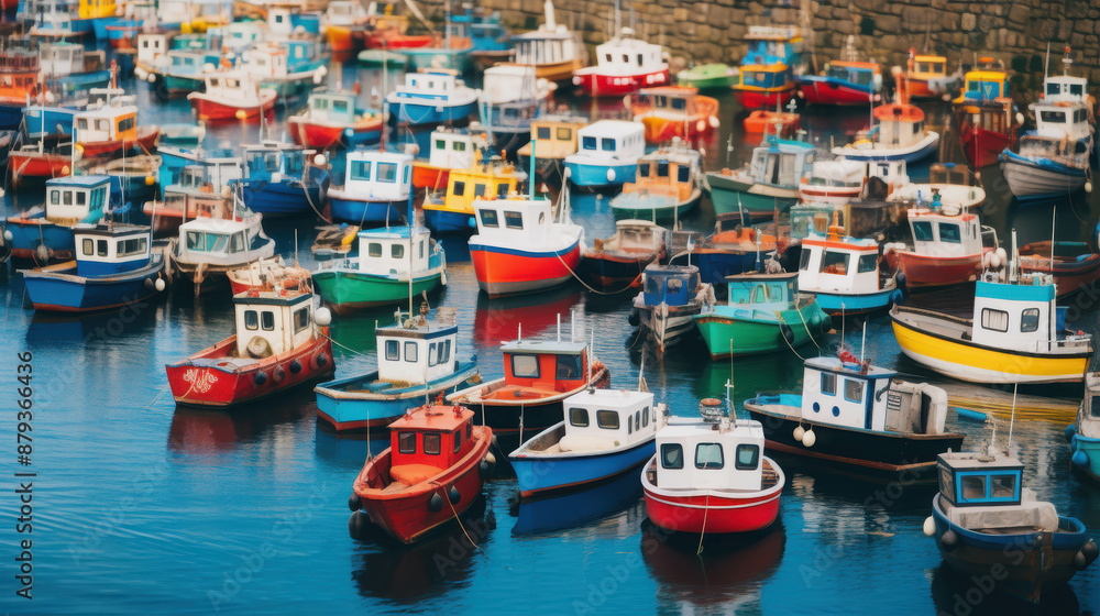 Obraz premium A Serene View of Vibrantly Colored Rowboats Tied Together Floating Calmly on the Crystal Clear Blue Waters