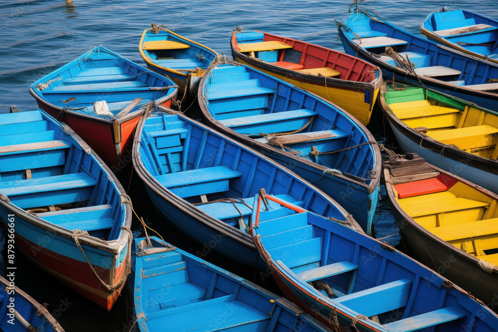 A Serene View of Vibrantly Colored Rowboats Tied Together Floating Calmly on the Crystal Clear Blue Waters A Serene View of Vibrantly Colored Rowboats Tied Together Floating Calmly on the Crystal Clear Blue Waters