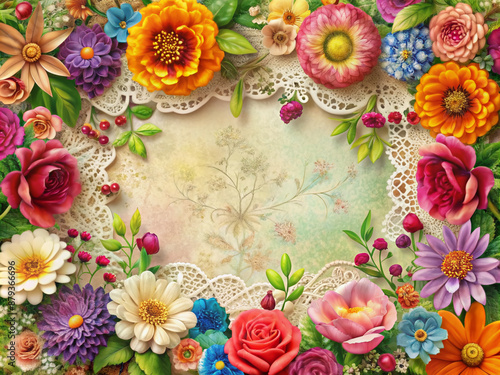 Vibrant colorful flowers bloom around a whimsical cutout illustration of a delicate lace frame, creating a beautiful and ornate botanical fantasy scene. photo