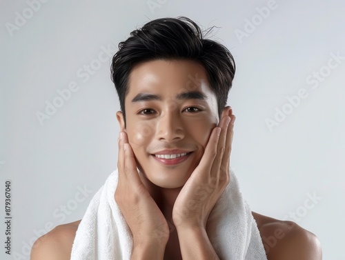 Beauty Taiwanese man spa healthy skin, isolated on white background.