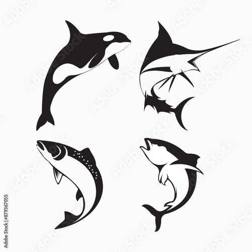Underwater inhabitants. Collection of marine animals. killer whale, orca, marlin, tuna, salmon. Flat cartoon style. vector illustration icon in bright colors.