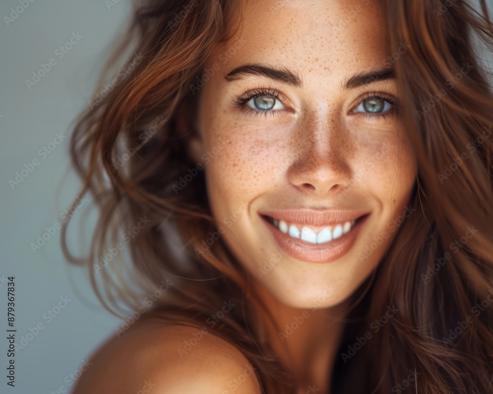 Obraz premium A woman with green eyes and brown hair is smiling. She has a natural beauty and a warm, friendly expression
