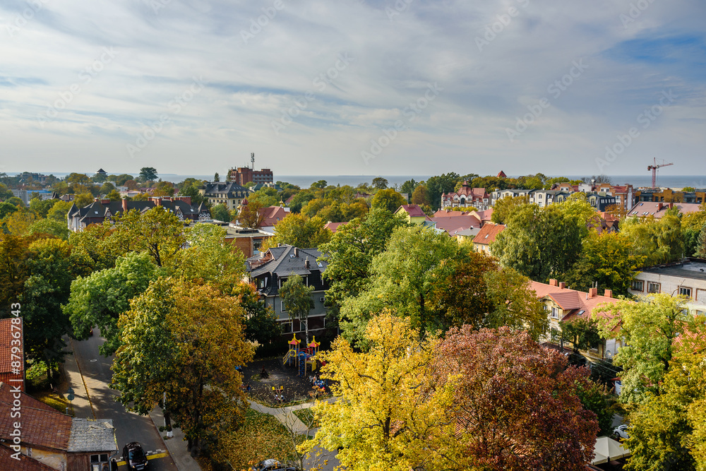 Aerial view city Zelenogradsk from observation deck of Water Tower. Russia