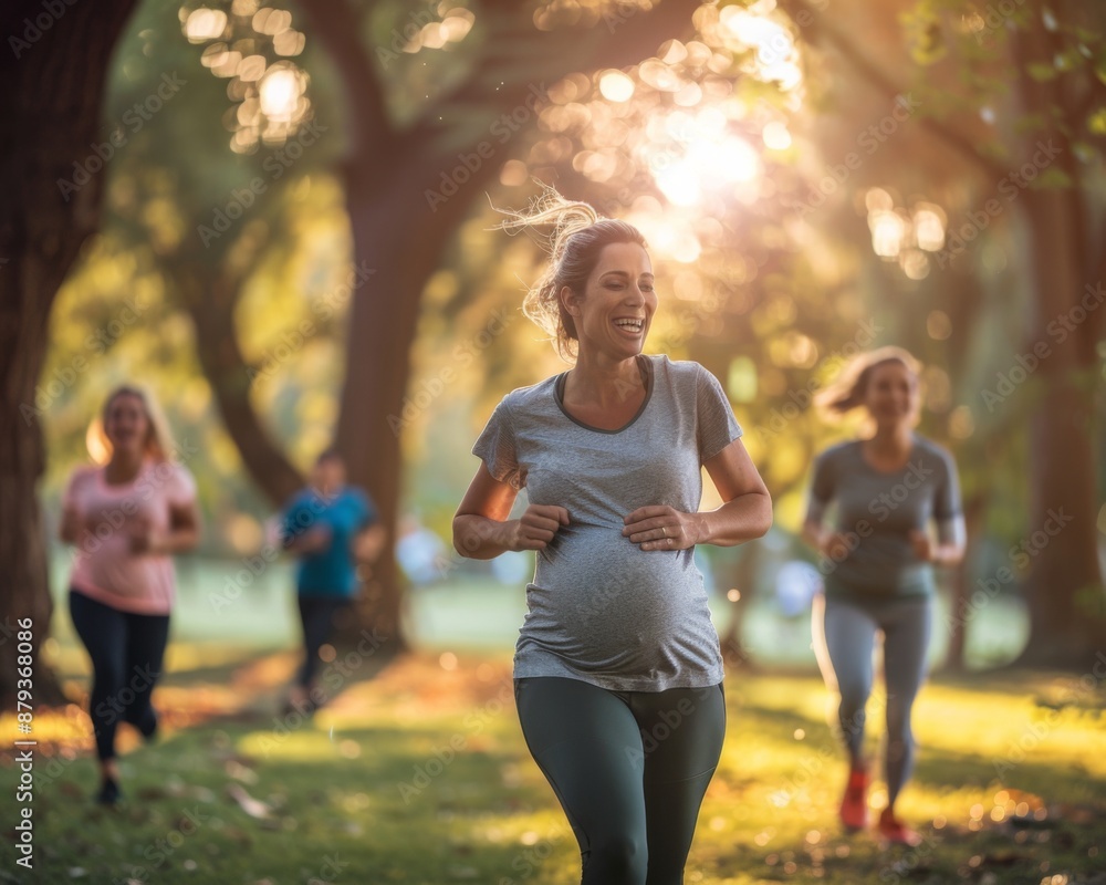 A woman is running in a park with two other women. She is smiling and she is enjoying herself A woman is running in a park with two other women. She is smiling and she is enjoying herself