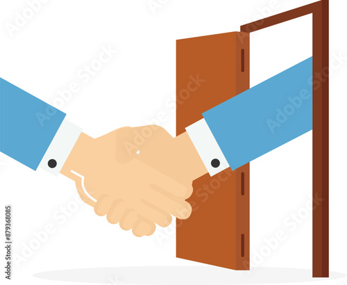Handshake welcome and introduce new staff to team. Warm welcome to new office. Flat vector illustration

