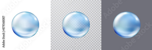 Collagen droplet isolated on transparent, blue and white  backgrounds. Realistic vector clear dew, pure drop, water bubble or glass ball template