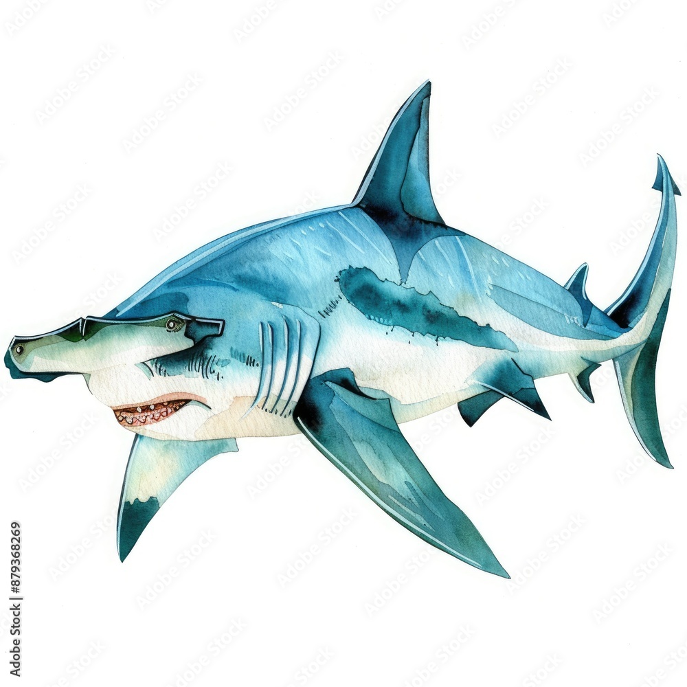 Obraz premium Illustrated hammerhead shark gracefully swimming in the ocean, showcasing its distinctive head shape and vibrant blue hues.