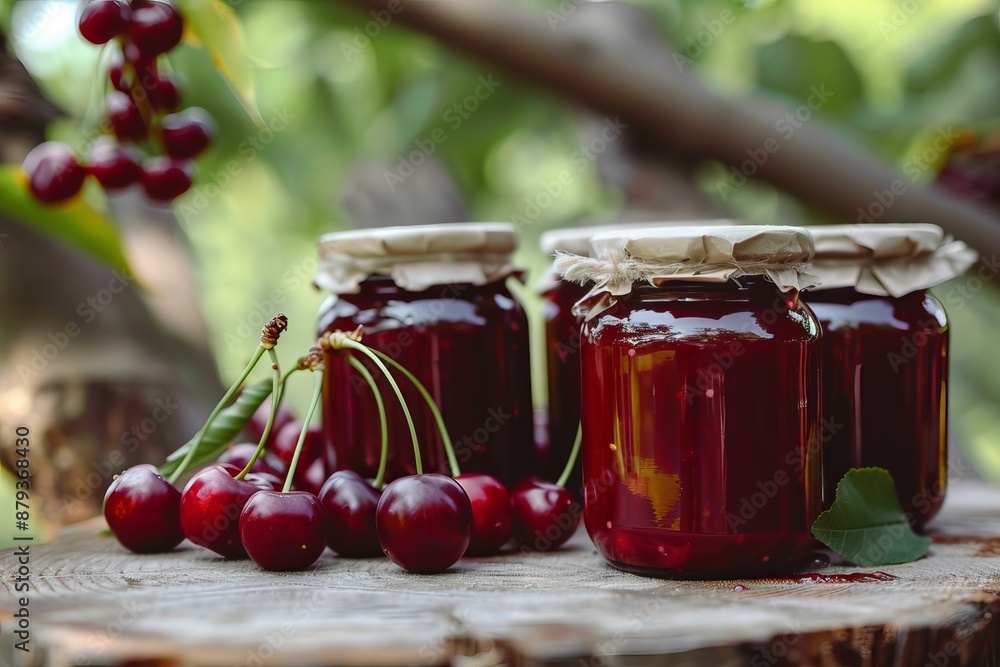 Jars filled with cherry jam sitting on a wooden surface with fresh cherries in front of them Jars filled with cherry jam sitting on a wooden surface with fresh cherries in front of them