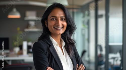 a mature smiling indian businesswoman is standing in the office