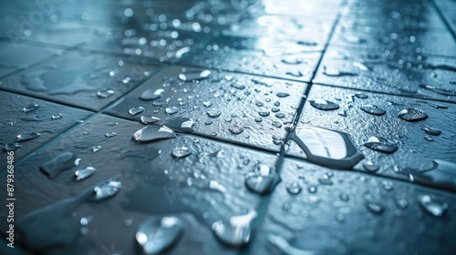 High-resolution image of water droplets on a tiled floor, capturing reflections and textures in a modern bathroom setting. © Sunshine