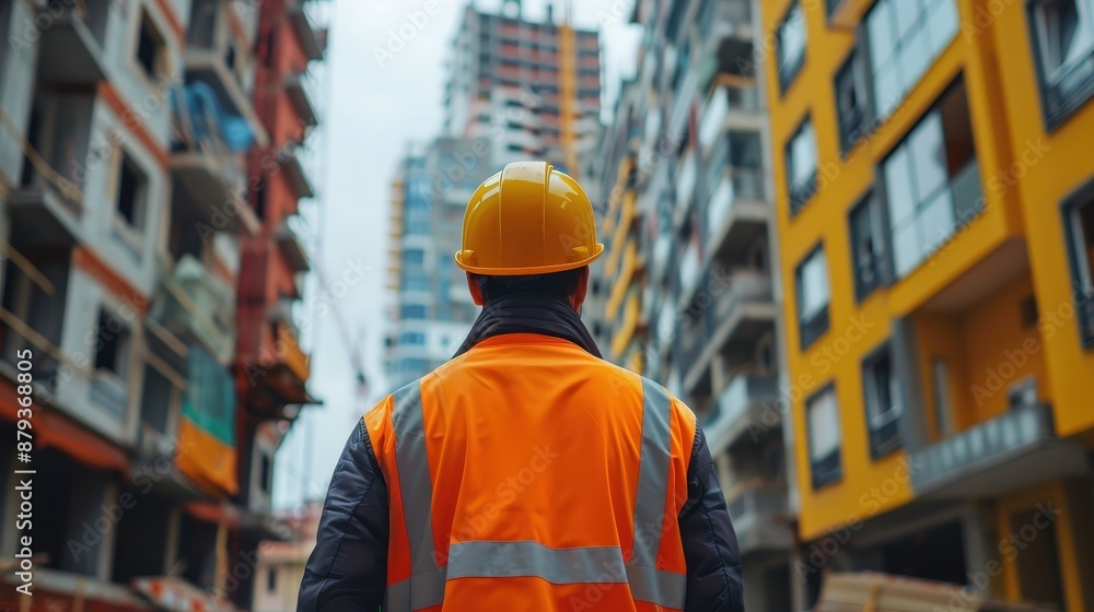 A construction worker wearing a hard hat and safety vest stands in front of urban buildings under construction. A construction worker wearing a hard hat and safety vest stands in front of urban buildings under construction.